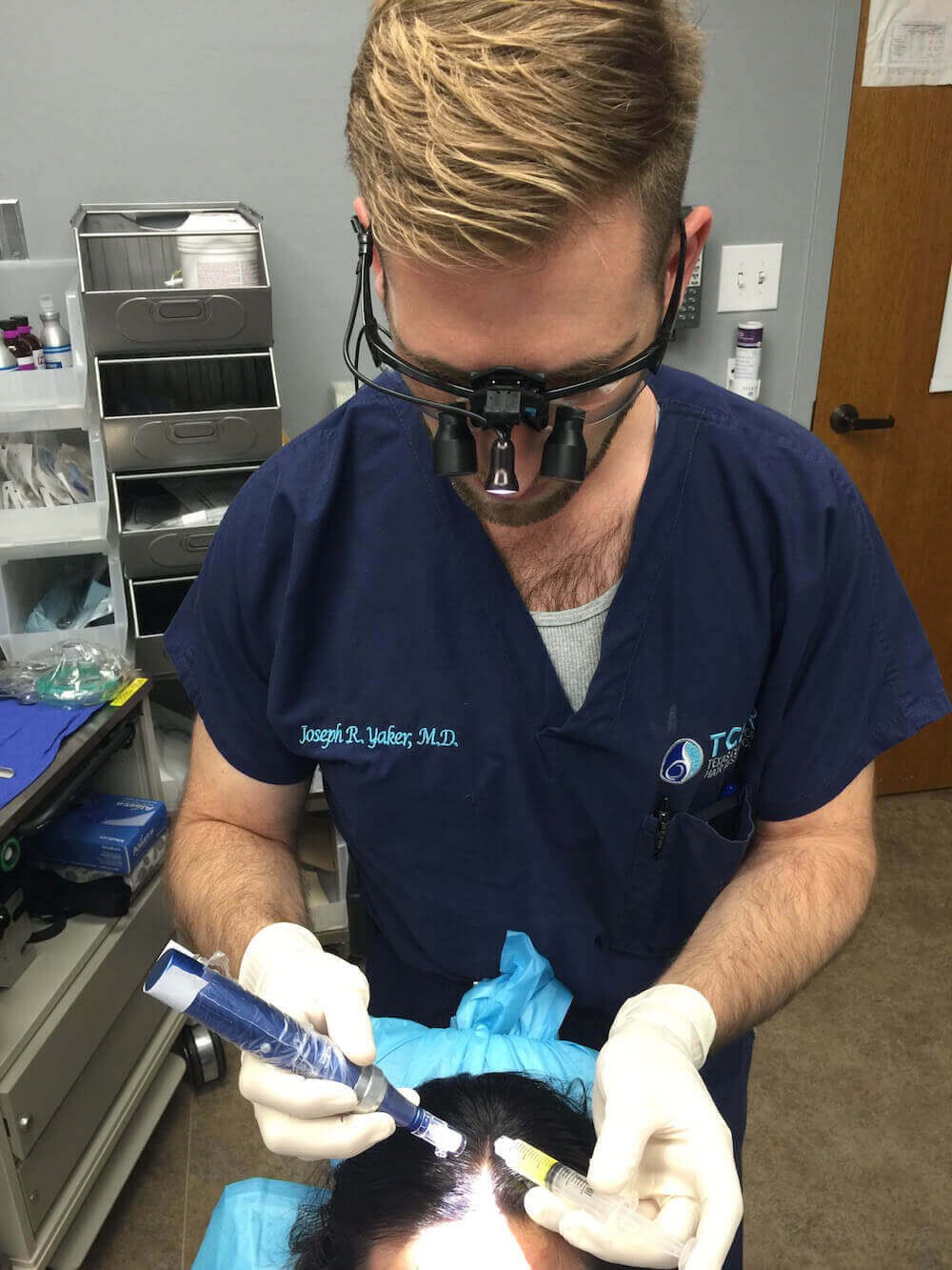 PRP Step 6 Image - Dr. Joseph Yaker injecting PRP Syringe with Microneedle Pen